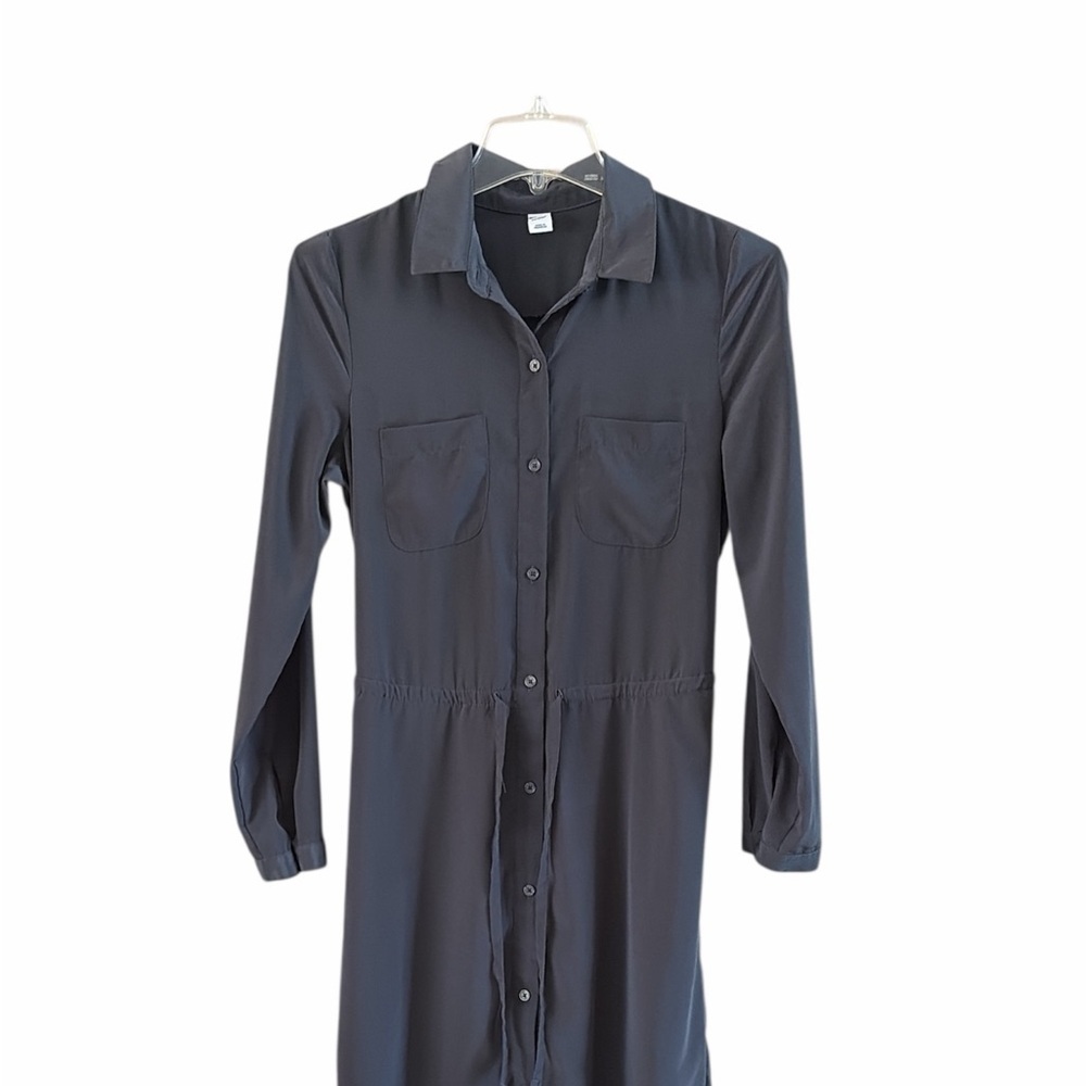 Old Navy Dark Gray Button-Up Dress Collar Gathered in Back Size XS Roll Sleeves